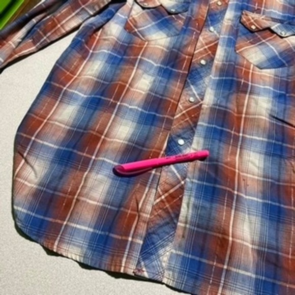 Rustler Wrangler Mens Plaid Western Pearl Snap Shirt Blue Orange Metallic Medium - Picture 11 of 13